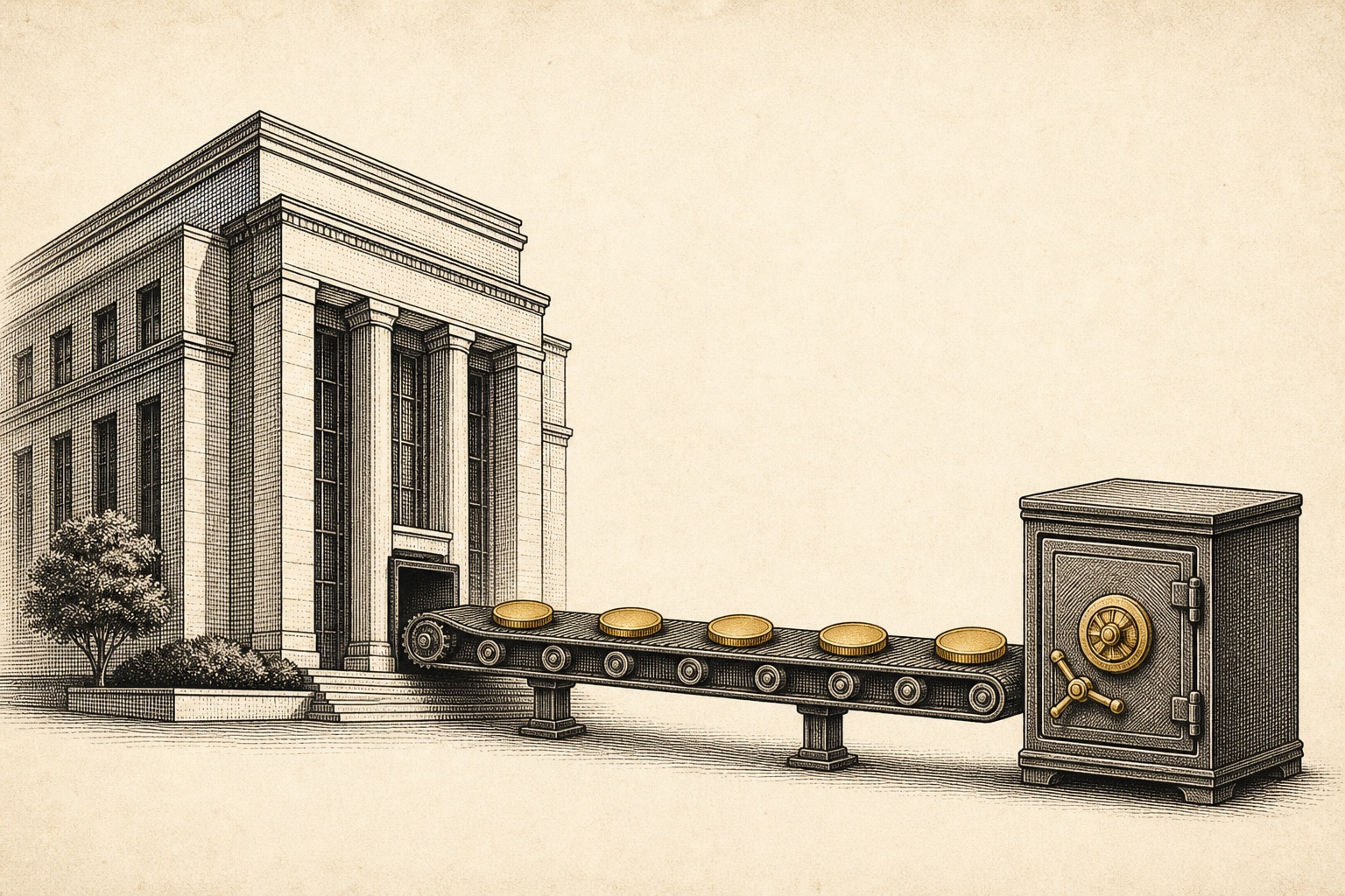 Illustration of a corporate office building with coins moving along a conveyor into a strongbox, representing a 401k to gold IRA rollover