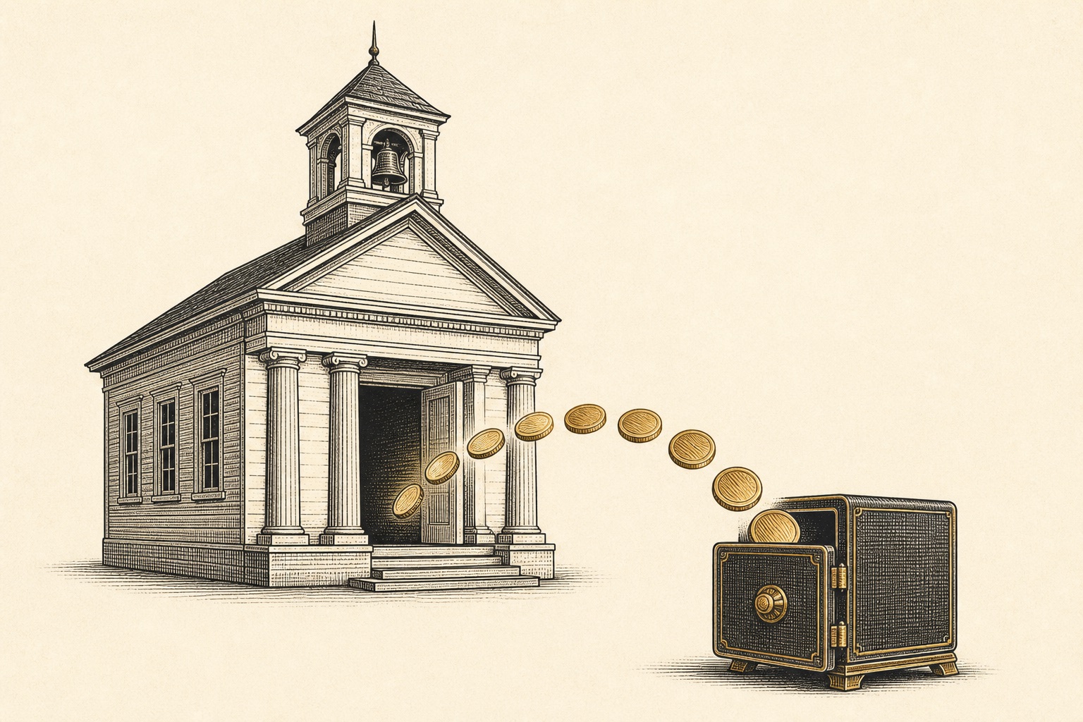Illustration of a schoolhouse with coins flowing into a strongbox, representing a 403b to gold IRA rollover