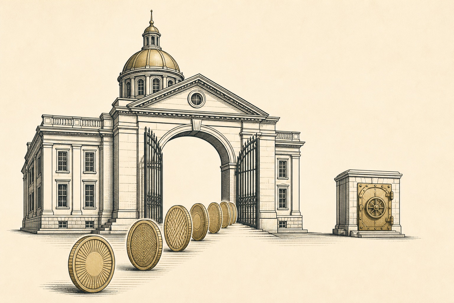 Illustration of a civic building gateway with coins passing through, representing a 457b to gold IRA rollover