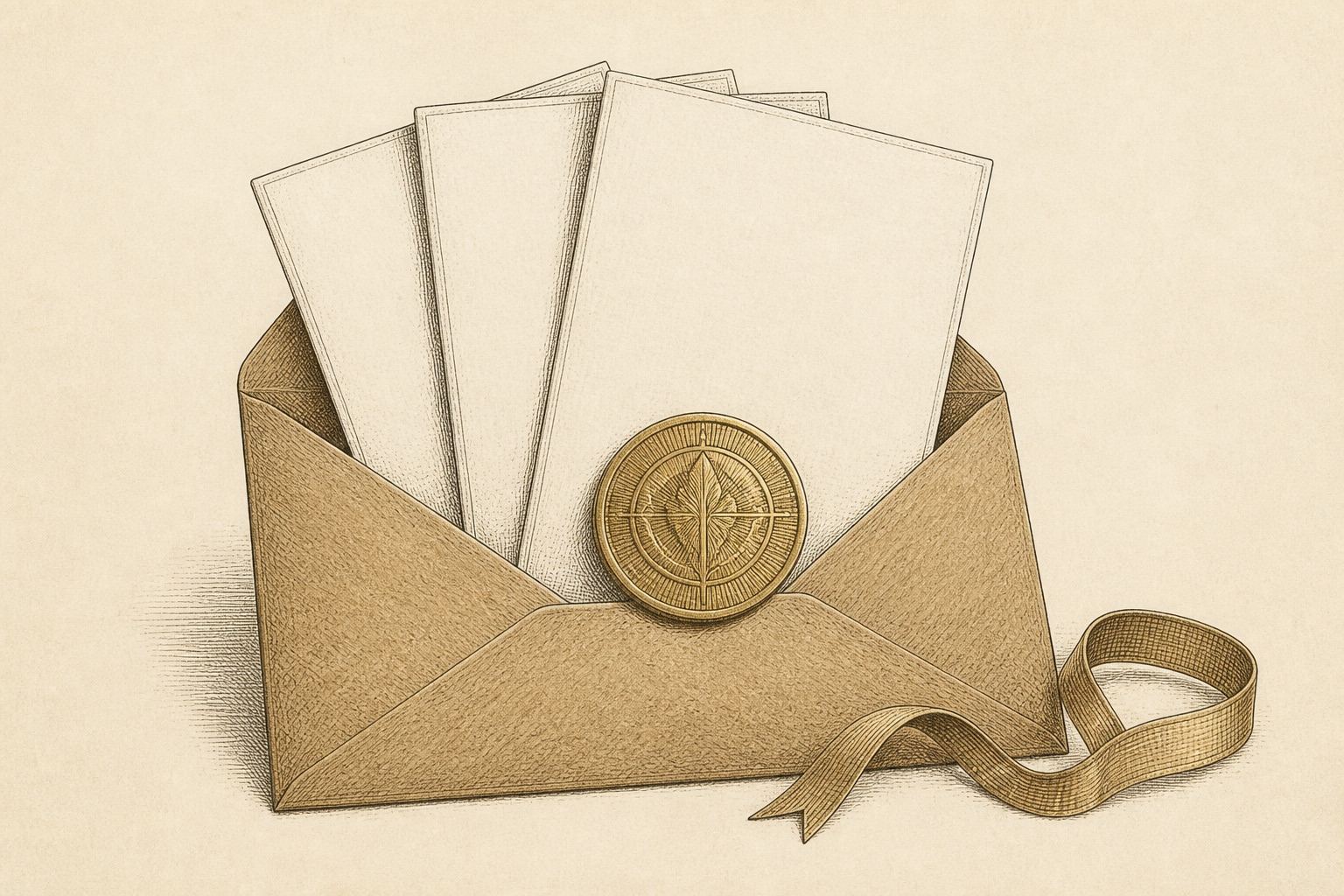 Illustration of an opened envelope with fanned brochures and a gold coin, representing free gold IRA kits