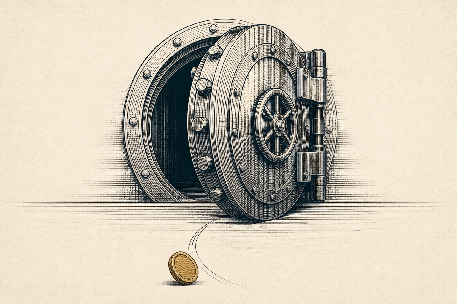 Illustration of a vault door swinging shut with a gold coin rolling away, representing closing a gold IRA