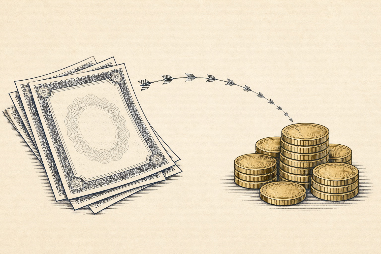 Illustration of paper retirement certificates transforming into gold coins, representing converting an IRA to gold