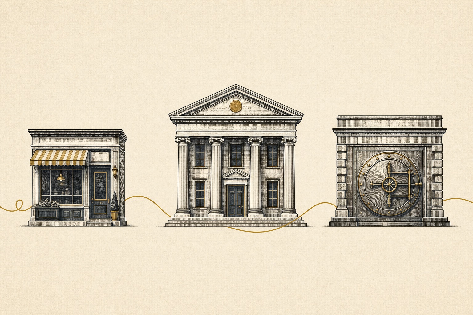 Illustration of a shopfront, an office and a vault joined by a line, representing the dealer, custodian and depository roles