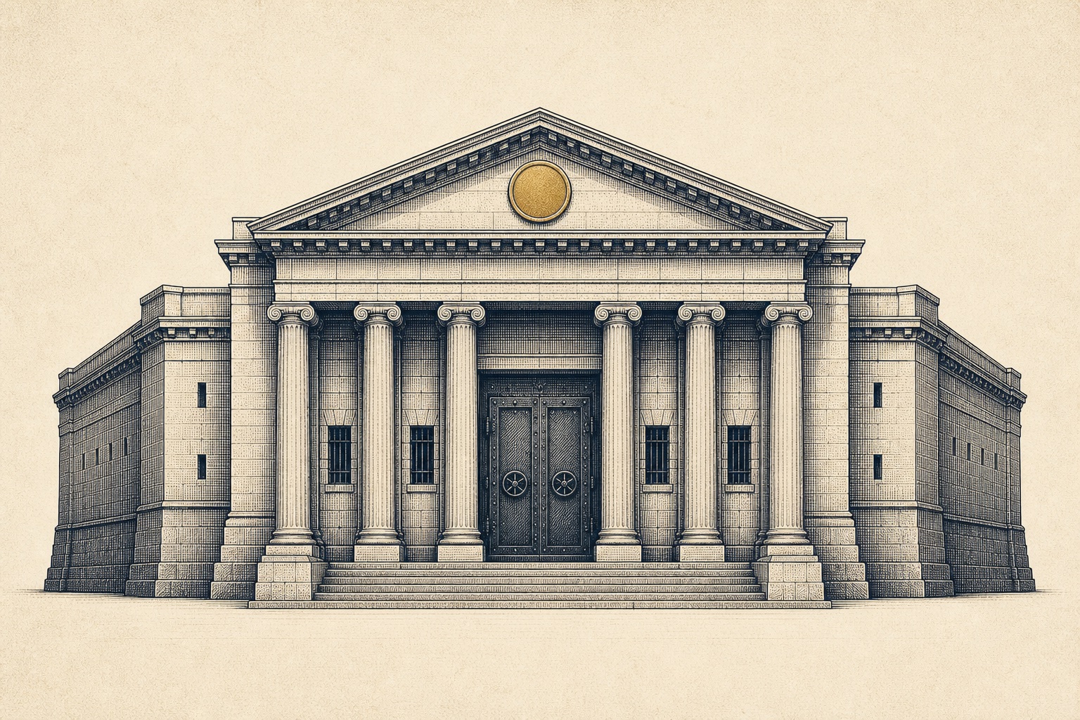 Engraved illustration of a fortified colonnaded depository building, representing the Delaware Depository