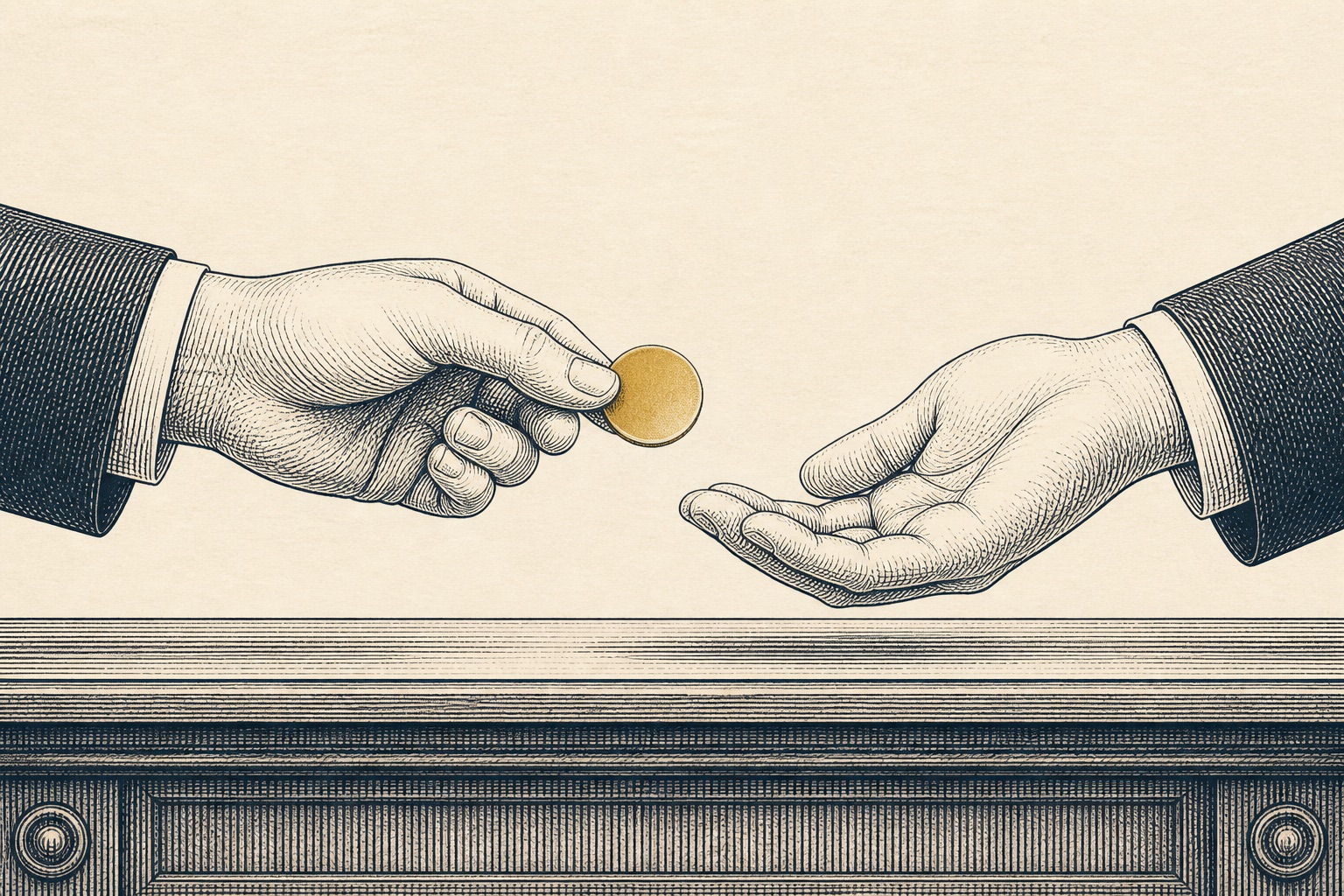 Illustration of two hands exchanging a gold coin across a counter, representing gold IRA buyback programs