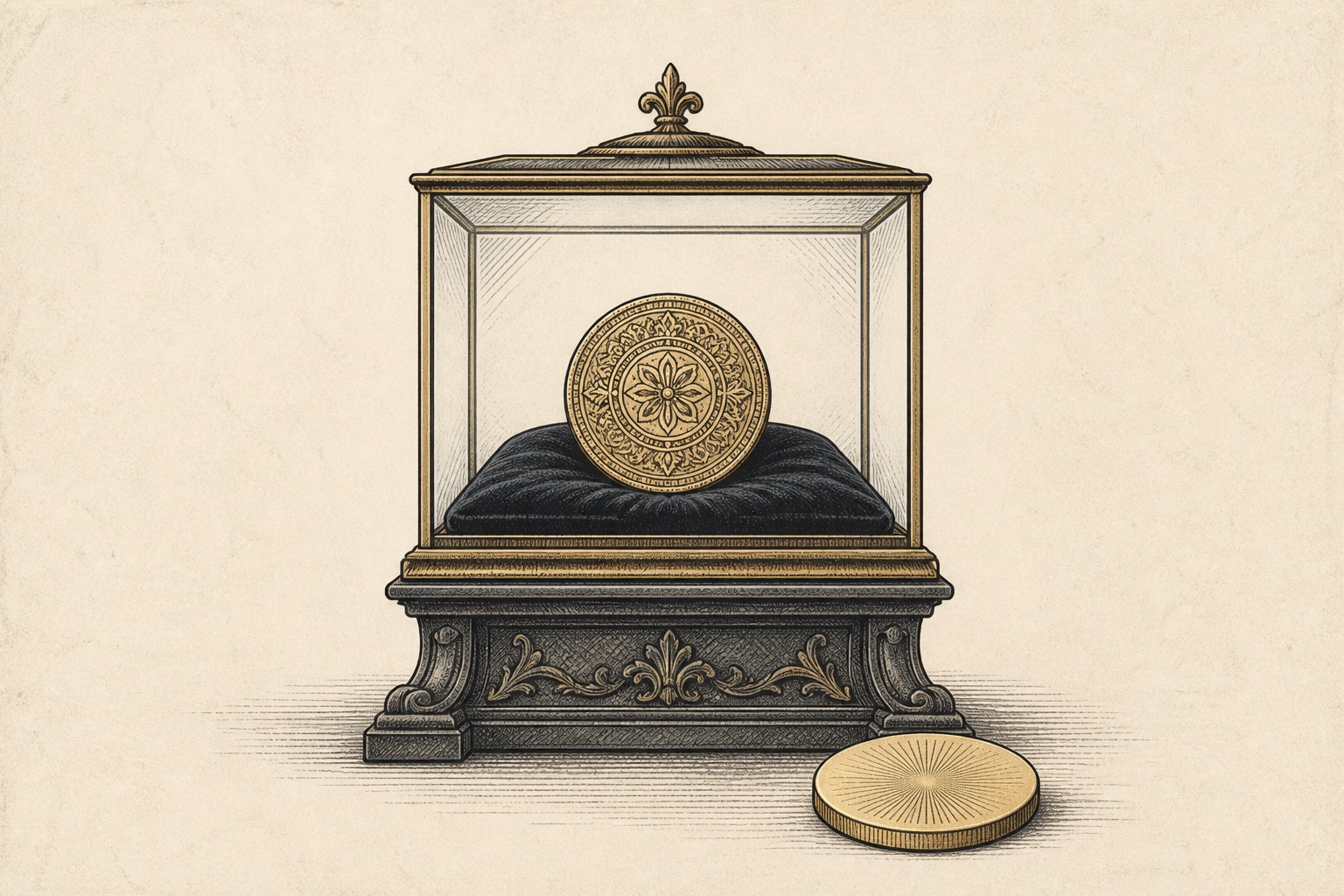 Illustration of a rare coin in a display case beside a plain bullion coin outside it, representing the gold IRA collectibles tax myth