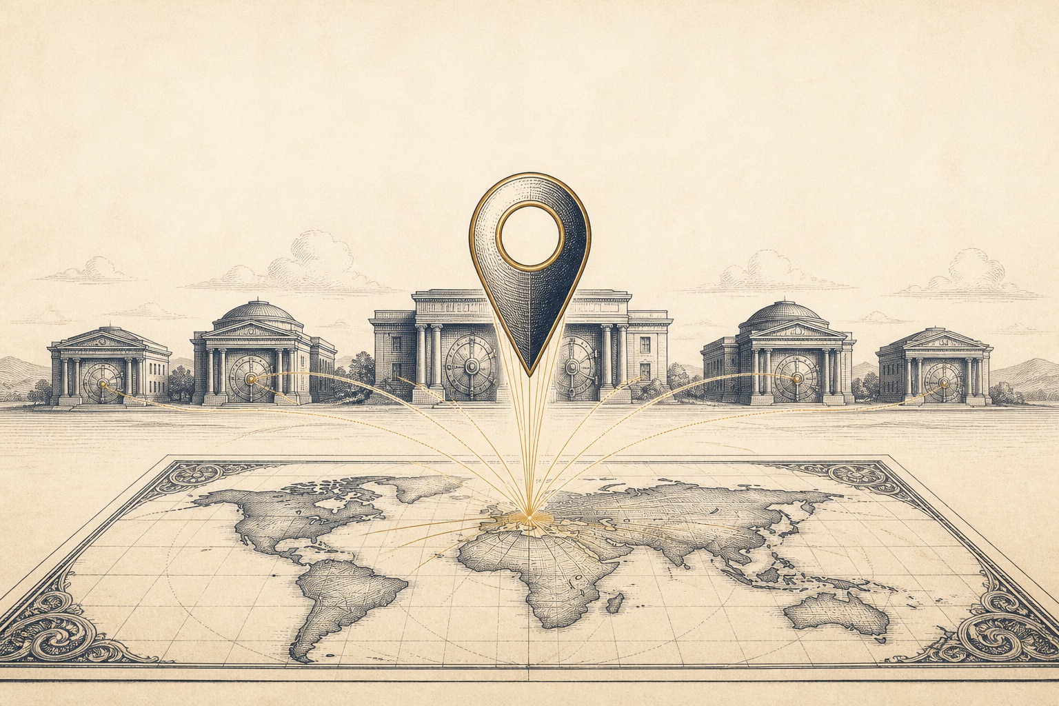 Illustration of a map pin over distant vault buildings, representing the search for gold IRA companies near me