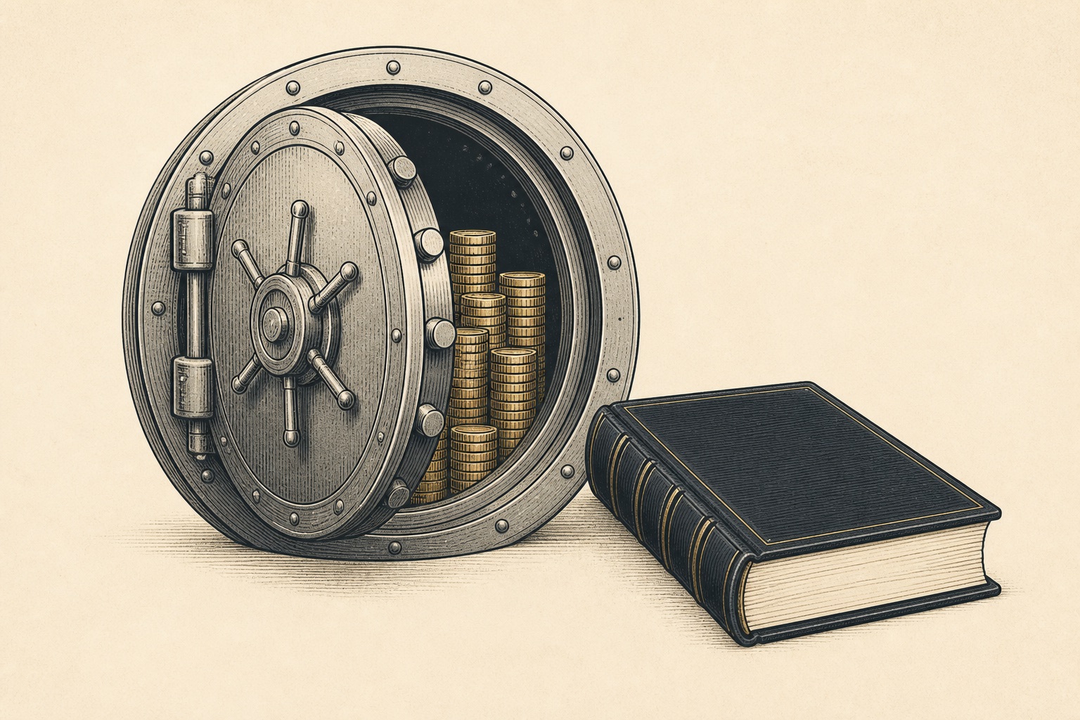 Engraved illustration of an open bank vault door beside a trustee ledger, representing precious metals IRA custodians