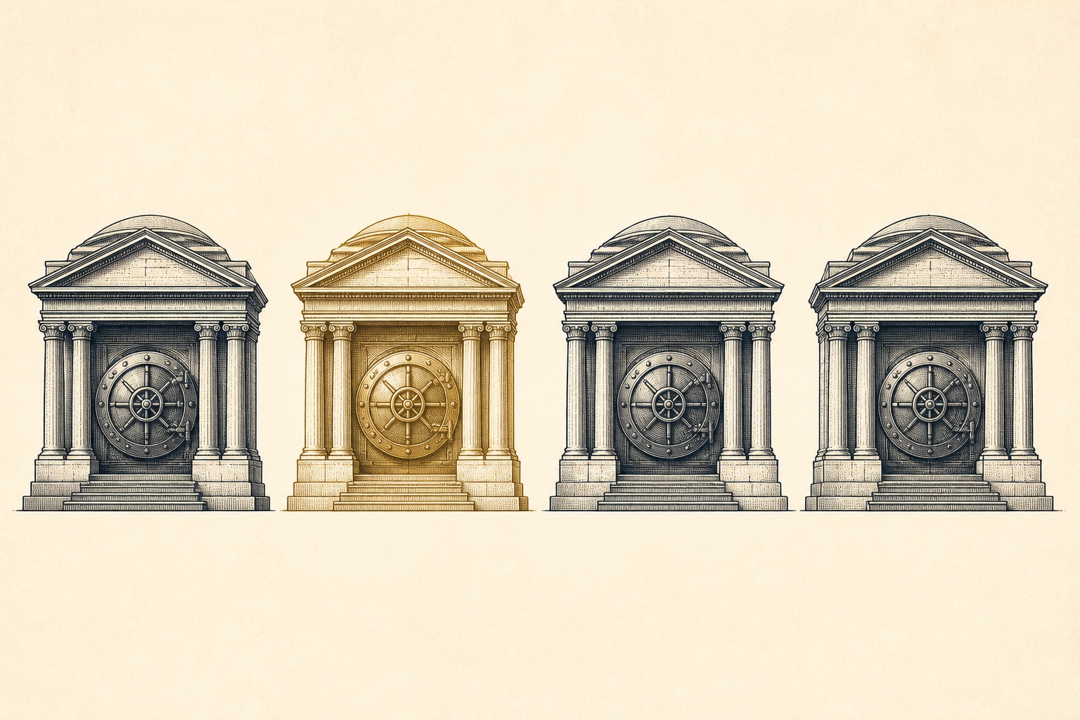 Engraved illustration of four vault buildings with one highlighted in gold, representing IRA gold depositories compared