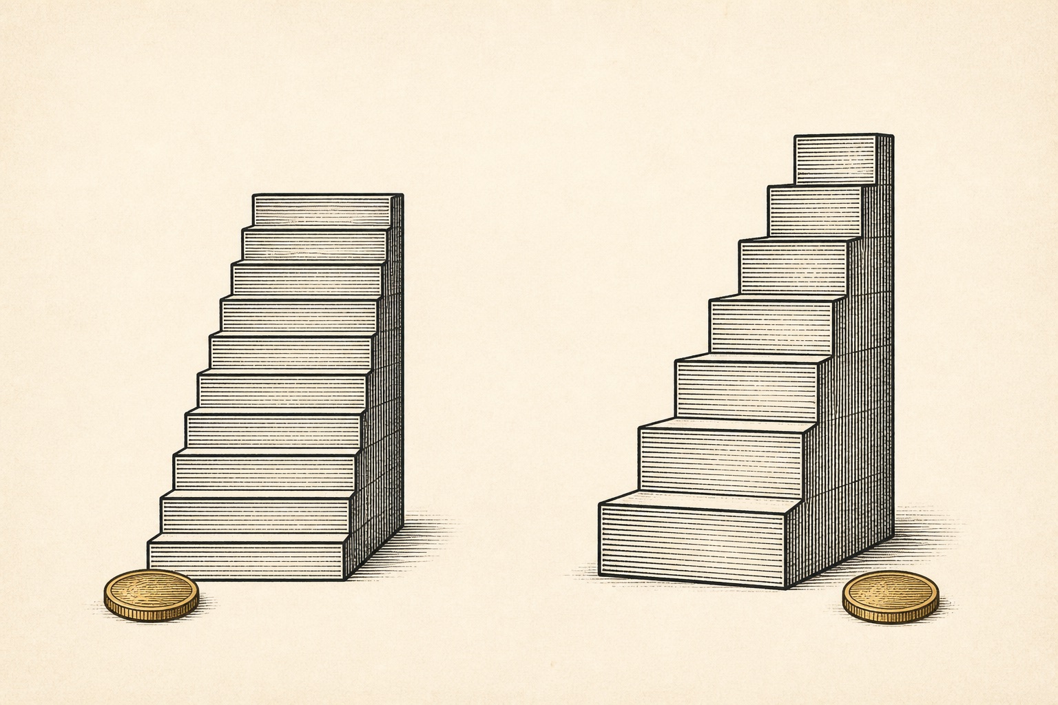 Illustration of two staircases, one with even steps and one with growing steps, representing flat versus scaled gold IRA fees
