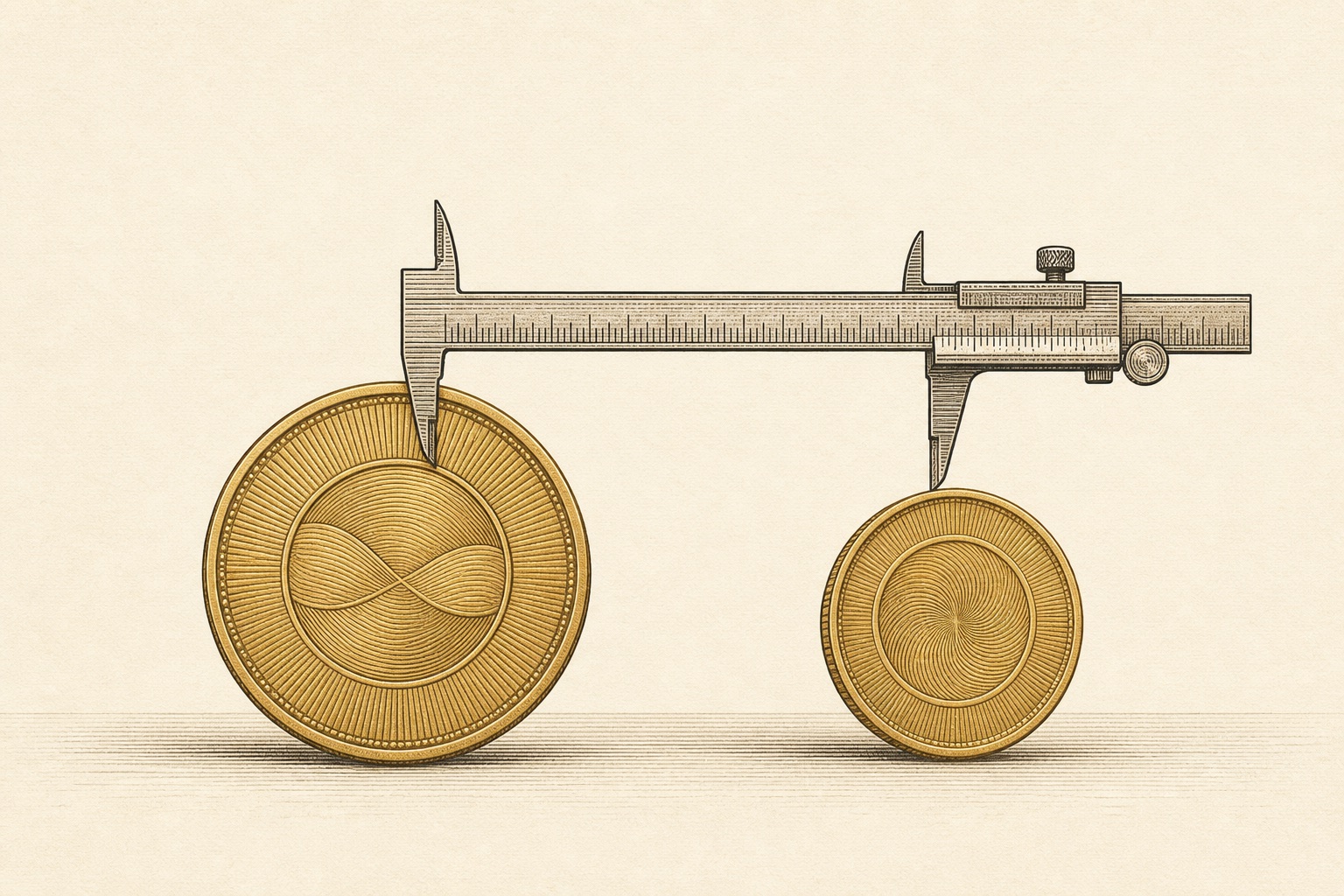 Engraved illustration of two gold coins of different sizes measured by a caliper, representing the dealer markup on gold IRA metal