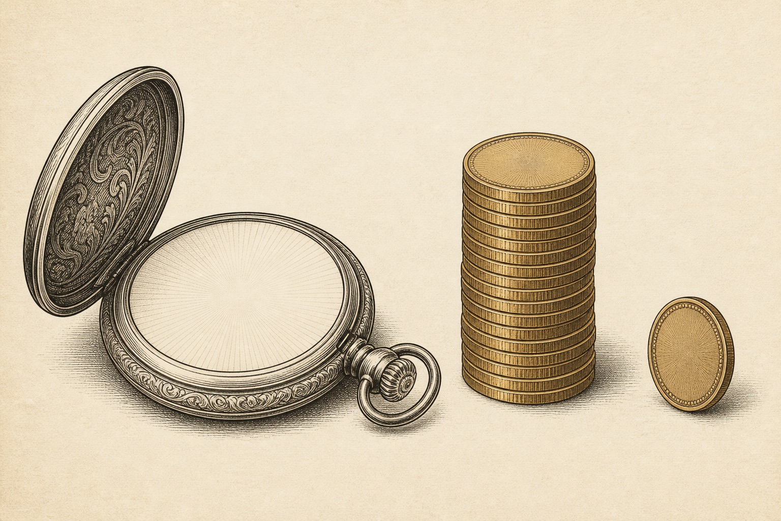 Illustration of an open pocket watch beside a stack of gold coins with one coin set apart, representing required minimum distributions from a gold IRA