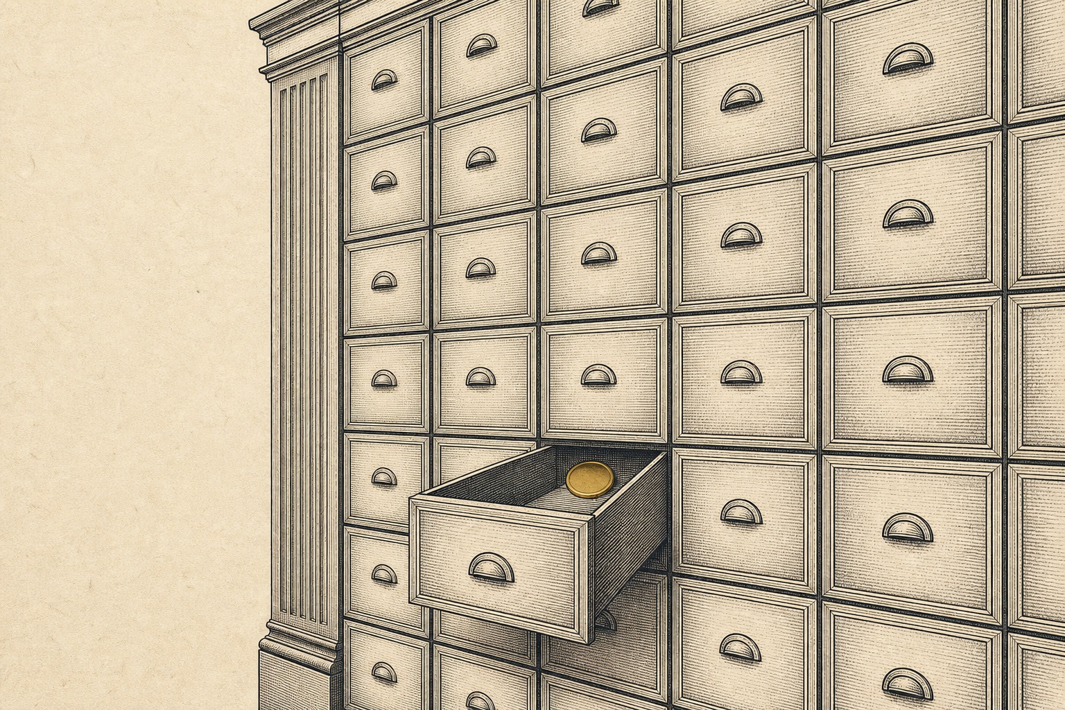 Engraved illustration of a wall of filing drawers with one open revealing a gold coin, representing which retirement accounts are eligible to roll into a gold IRA