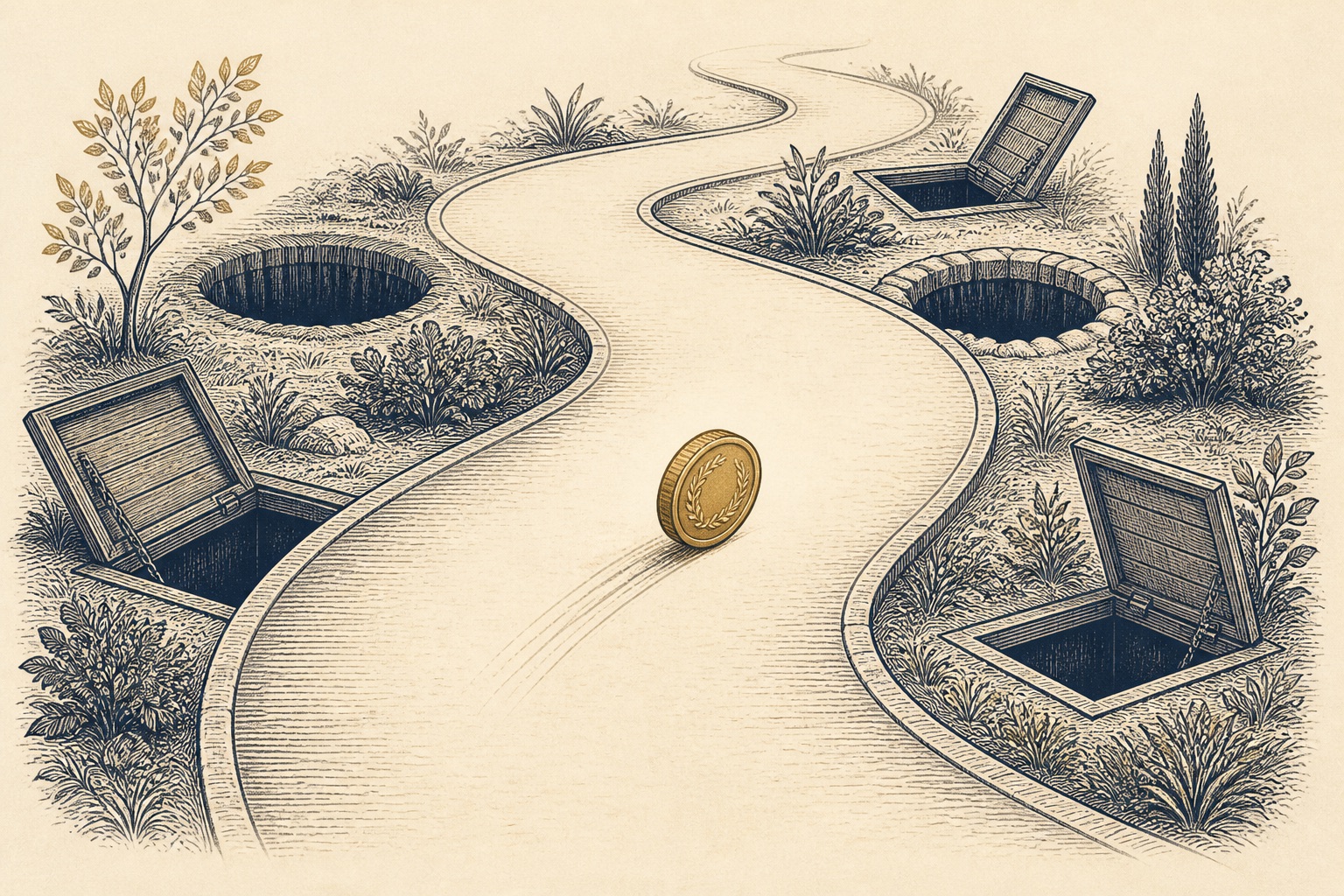 Illustration of a winding path with trapdoors and a gold coin rolling safely down the center, representing gold IRA rollover mistakes
