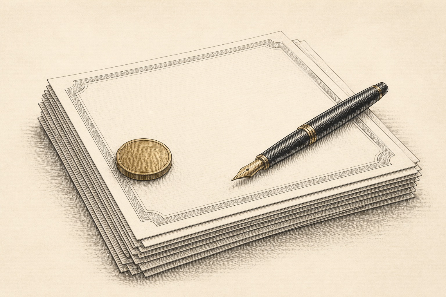 Illustration of a stack of blank official documents with a fountain pen and a gold coin paperweight, representing gold IRA tax forms