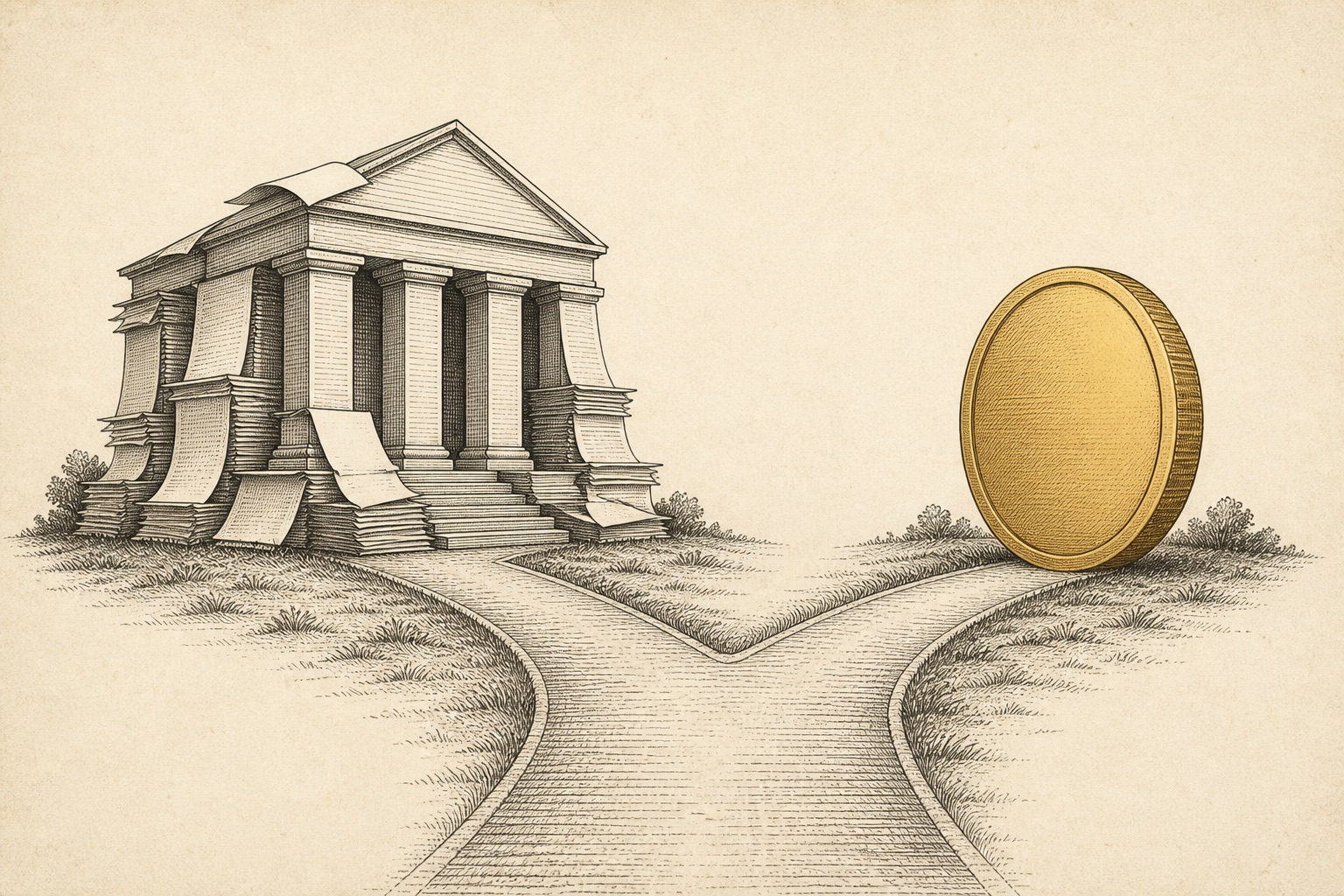 Illustration of a forked path between a building of paper documents and a gold coin, representing gold IRA vs 401k