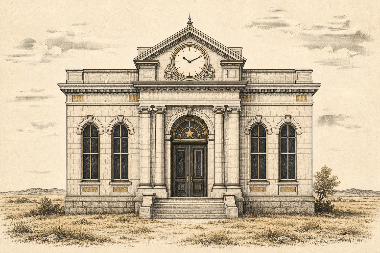 Engraved illustration of a prairie bank building with a clock and star emblem, representing GoldStar Trust Company