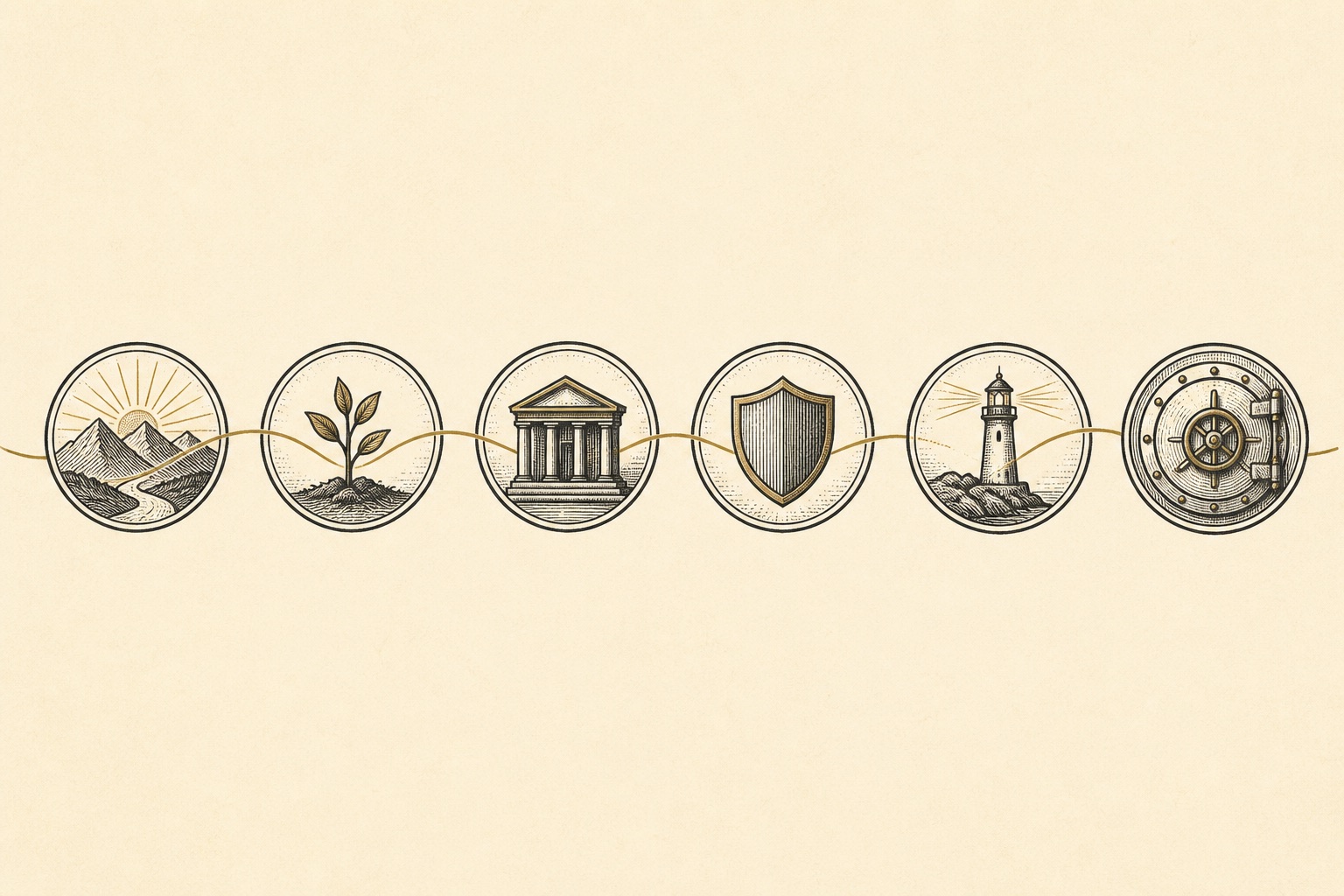 Illustration of six connected circles forming a path to a vault door, representing the steps to open a gold IRA