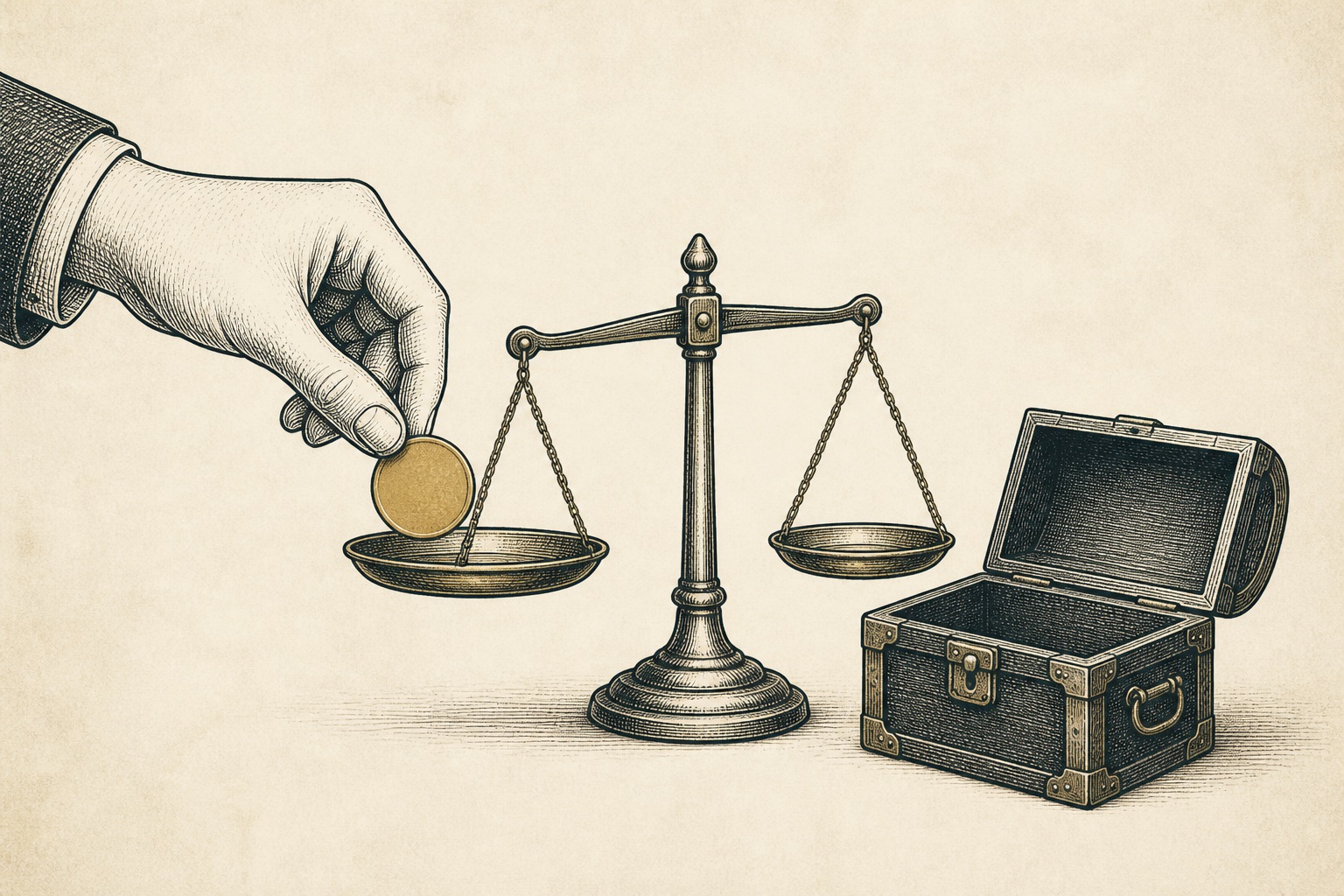 Illustration of a hand placing a gold coin on a merchant balance scale beside an open strongbox, representing selling a gold IRA