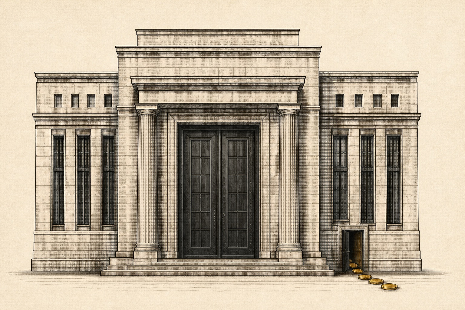 Illustration of an office building with a side door ajar and coins slipping out, representing an in-service 401k rollover
