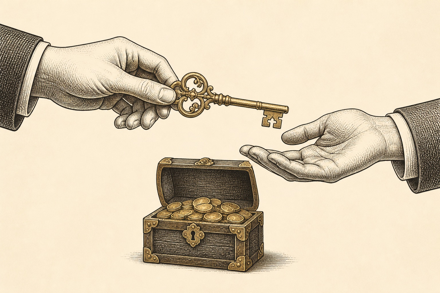 Illustration of an ornate key passed between two hands above a chest of gold coins, representing inherited gold IRA rules