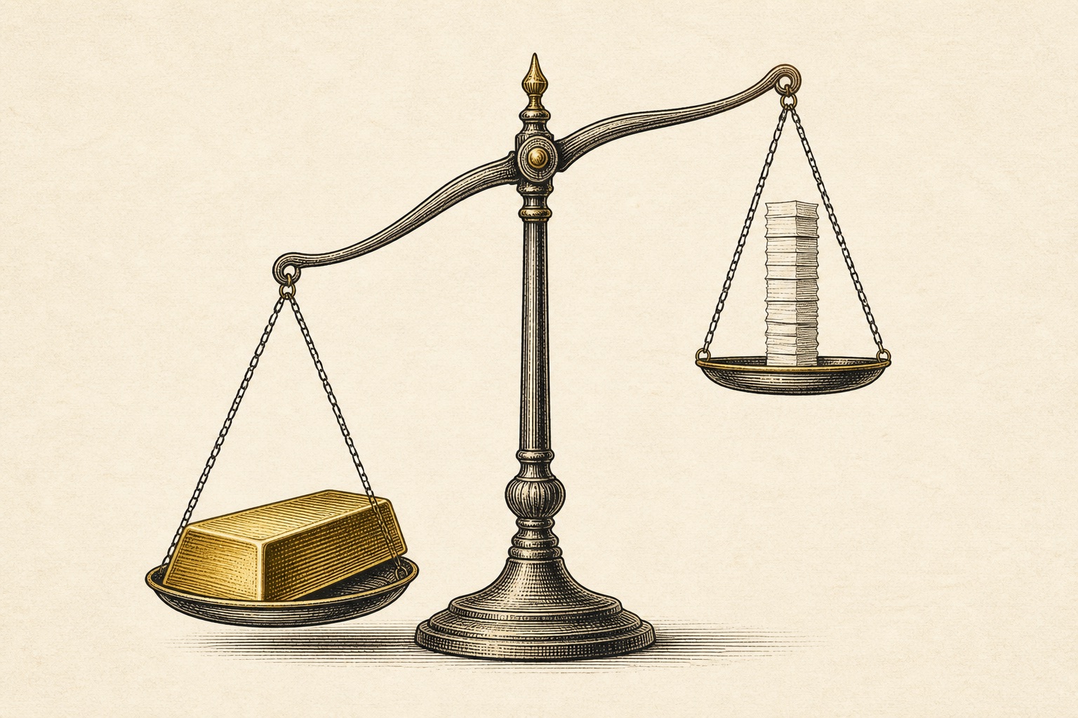 Illustration of a balance scale weighing a gold bar against a stack of fee slips, representing gold IRA companies with the lowest fees