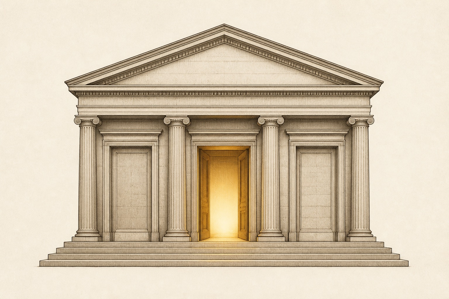 Illustration of a stone temple with three doorways and one open in gold, representing the three windows to roll a pension to a gold IRA