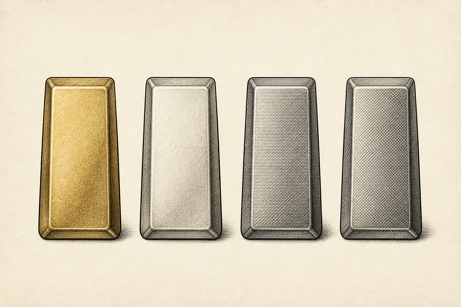 Engraved illustration of four upright metal ingots in gold, silver, platinum and palladium tones, representing a platinum and palladium IRA