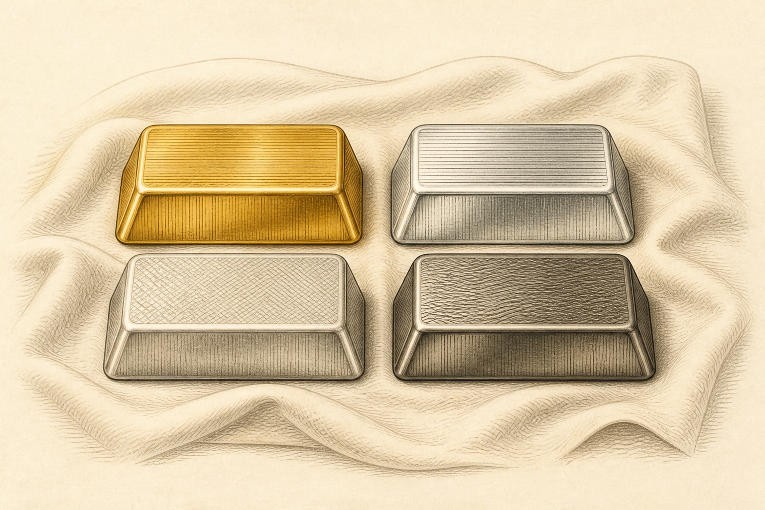 Engraved illustration of gold, silver, platinum and palladium ingots, representing a precious metals IRA