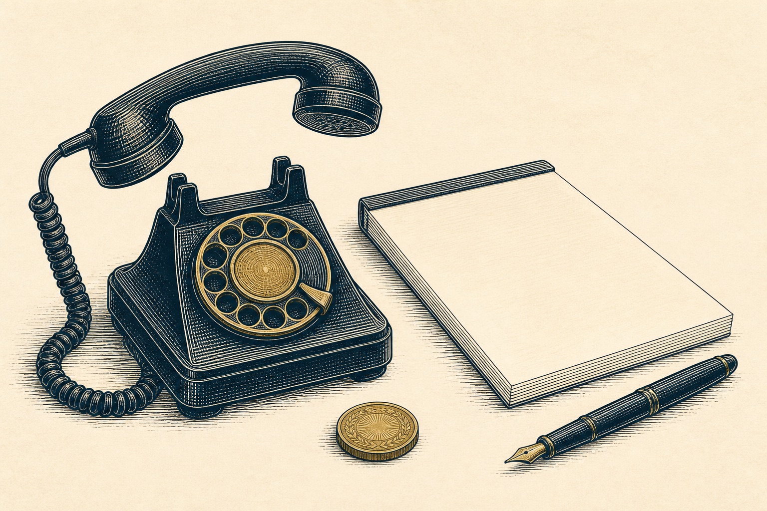 Engraved illustration of a desk telephone with handset lifted beside a blank notepad and a gold coin, representing questions to ask a gold IRA company