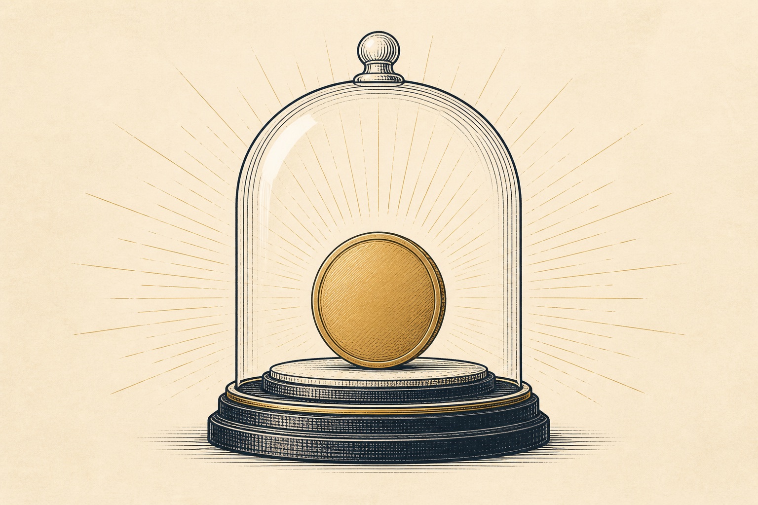 Engraved illustration of a gold coin under a protective glass dome, representing Roth gold IRA rules