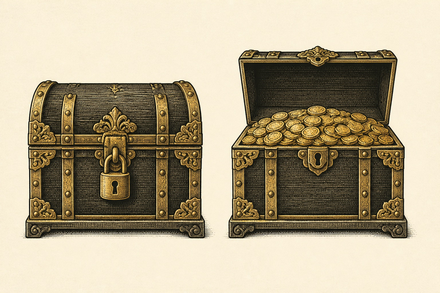 Illustration of two treasure chests, one locked and one open with gold coins, representing Roth versus traditional gold IRA