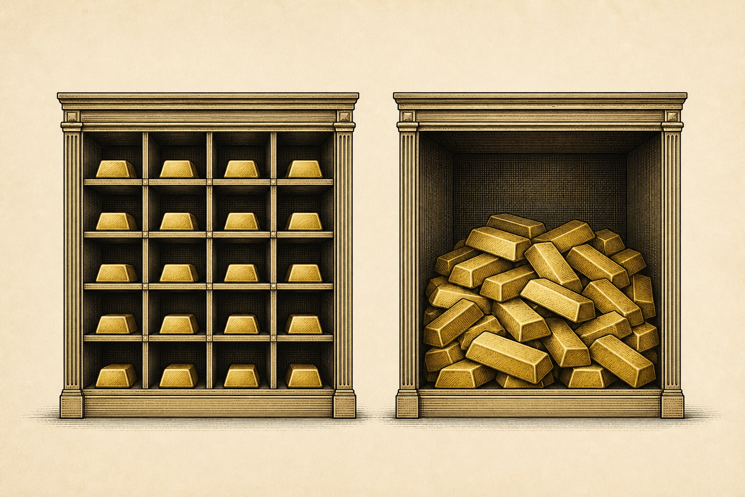 Illustration of separated storage compartments beside a shared bin of gold bars, representing segregated versus commingled storage
