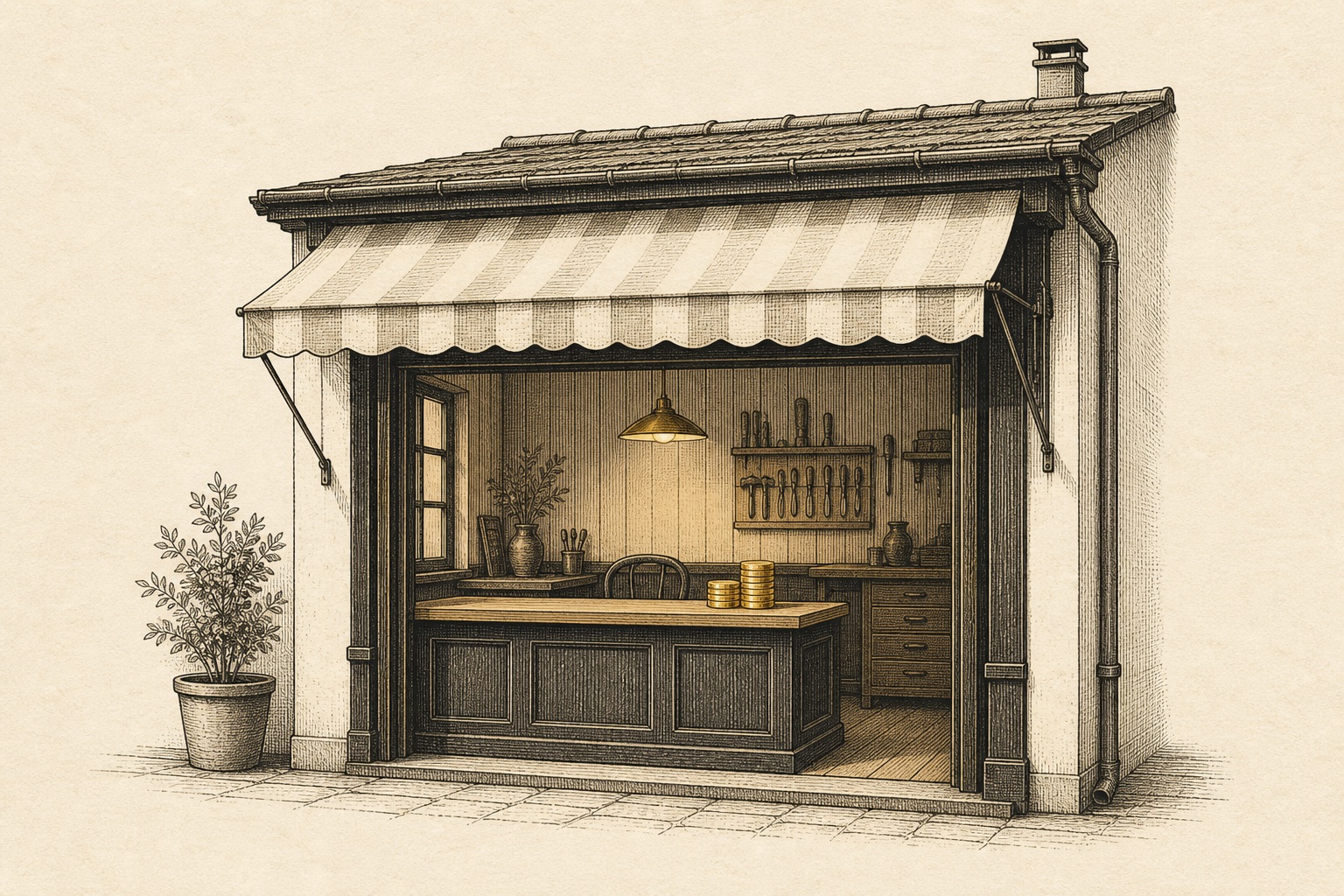 Illustration of a small workshop storefront with gold coins on the counter, representing a SEP IRA to gold IRA transfer