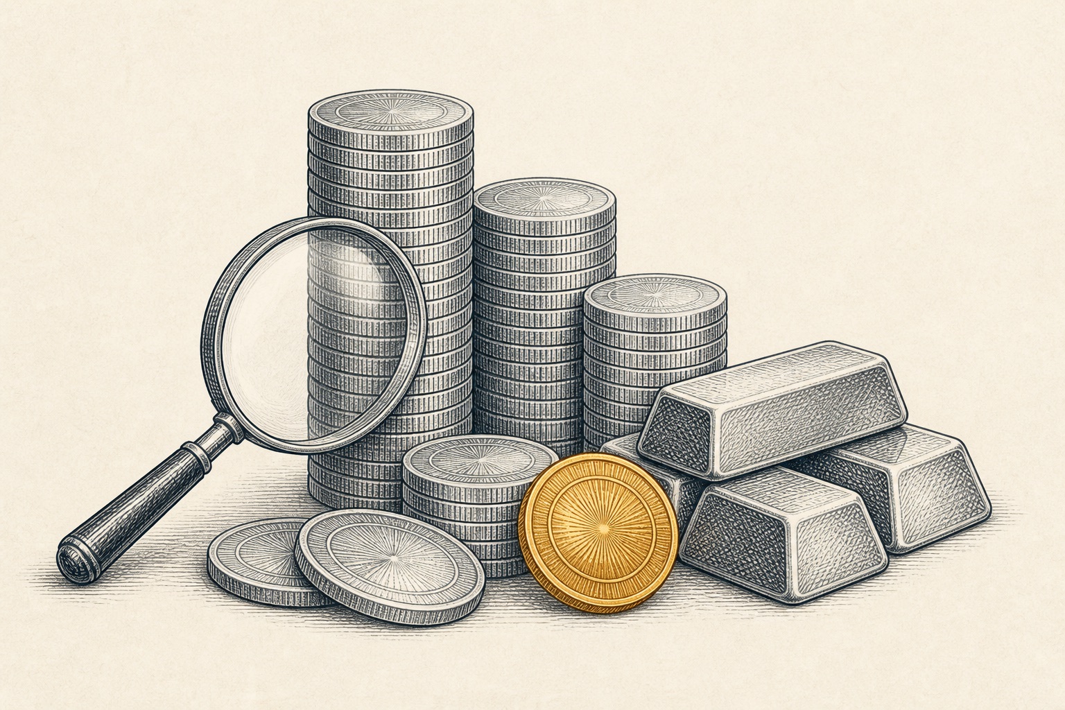 Engraved illustration of stacked silver coins and bars with one gold coin, representing a silver IRA