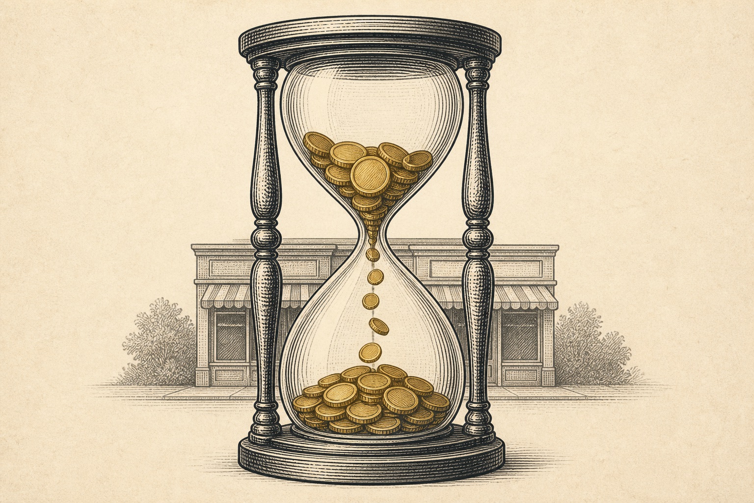 Engraved illustration of an hourglass with gold coins falling through it, representing the SIMPLE IRA two-year rule