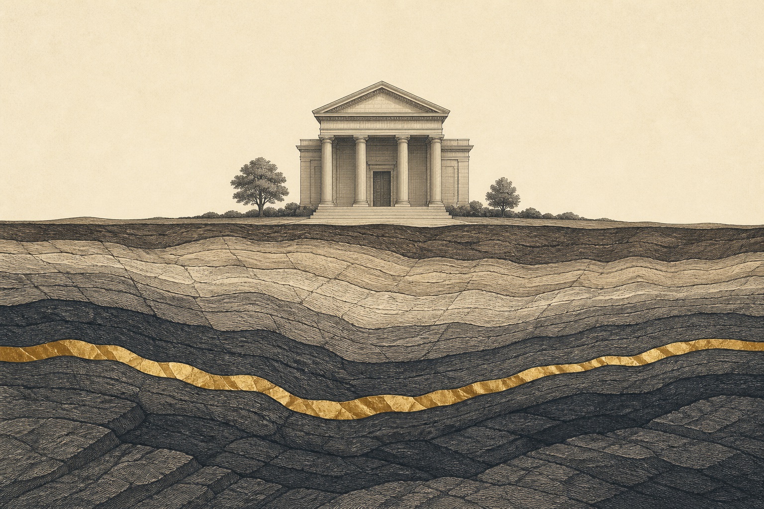 Illustration of geological strata with a gold seam beneath a trust building, representing a STRATA Trust gold IRA