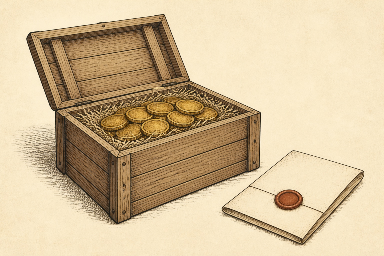 Illustration of an open shipping crate packed with gold coins beside a sealed document, representing an in-kind gold IRA distribution