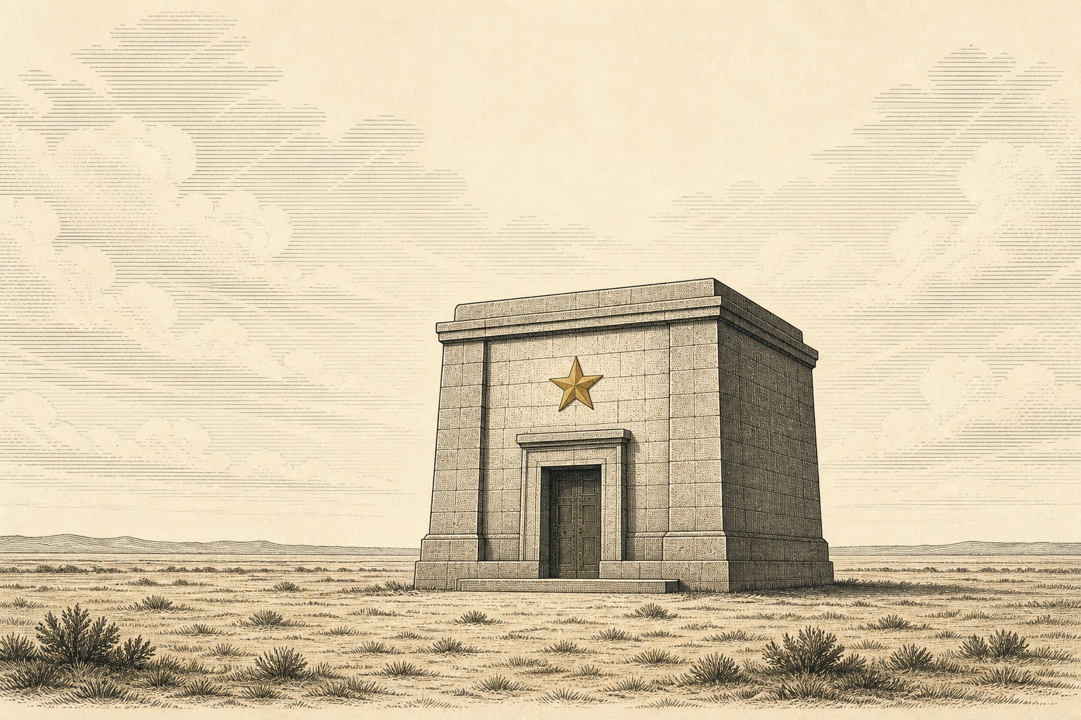 Engraved illustration of a lone fortified vault on an open plain with a star emblem, representing the Texas Bullion Depository