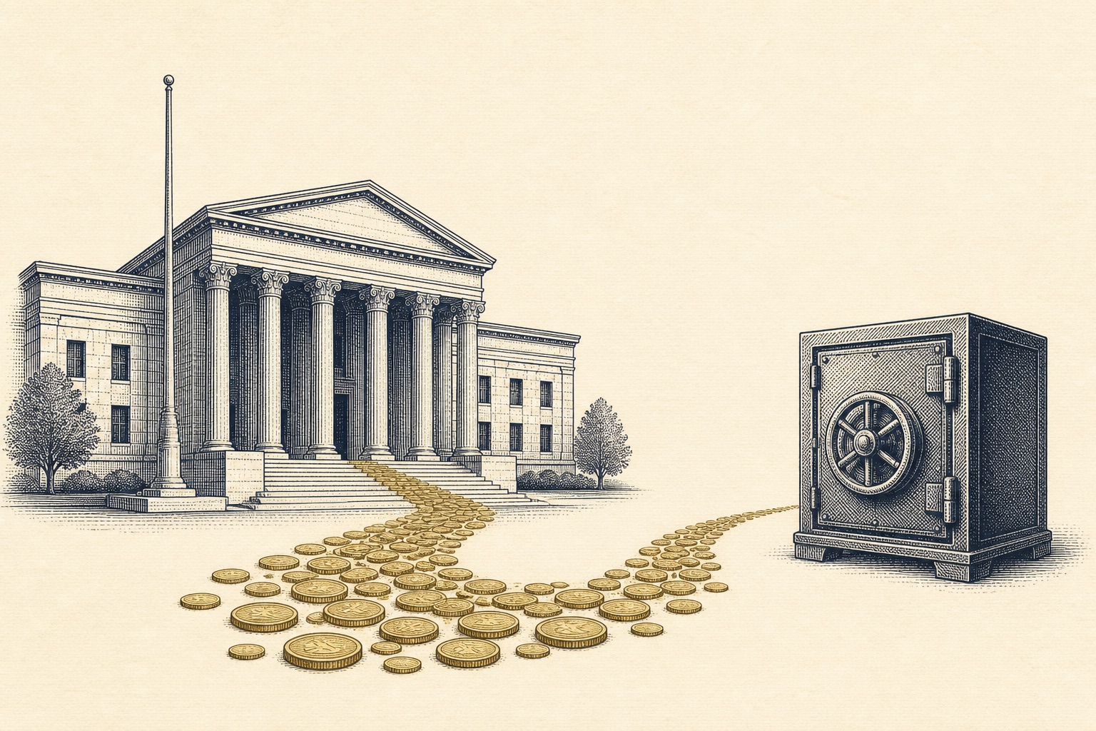 Illustration of a federal government building with coins flowing to a vault, representing a TSP to gold IRA rollover